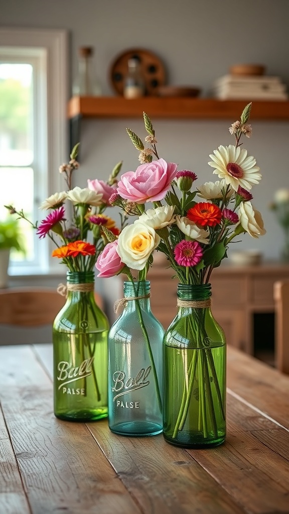 Three upcycled glass bottle vases filled with colorful flowers on a wooden table.