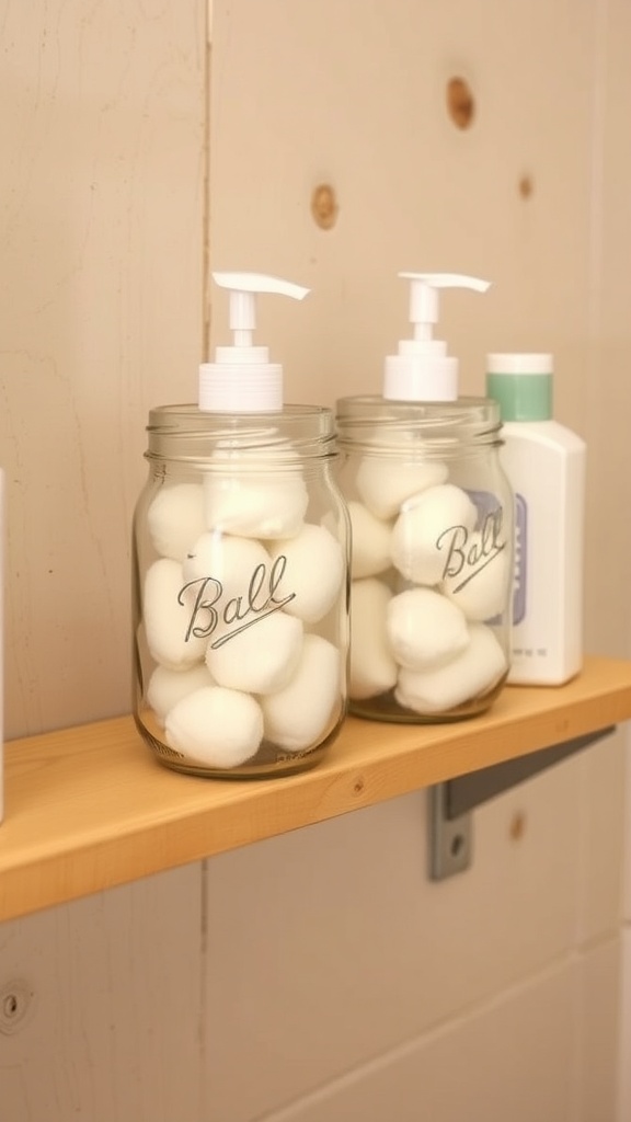 A wooden shelf displaying various mason jars filled with cotton balls and other items in a rustic kitchen setting.