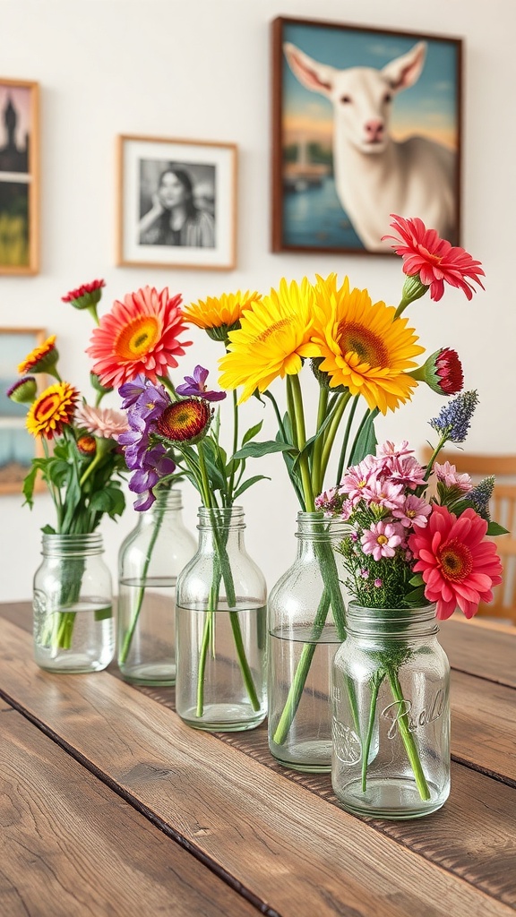 Five mason jar vases filled with colorful flowers on a wooden table.