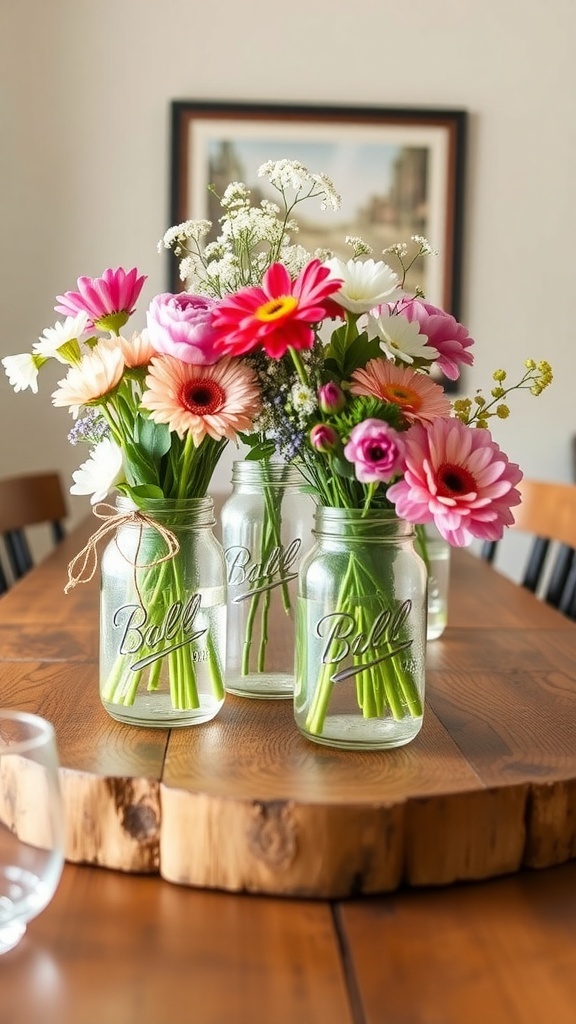 Colorful flowers in upcycled mason jars on a wooden table