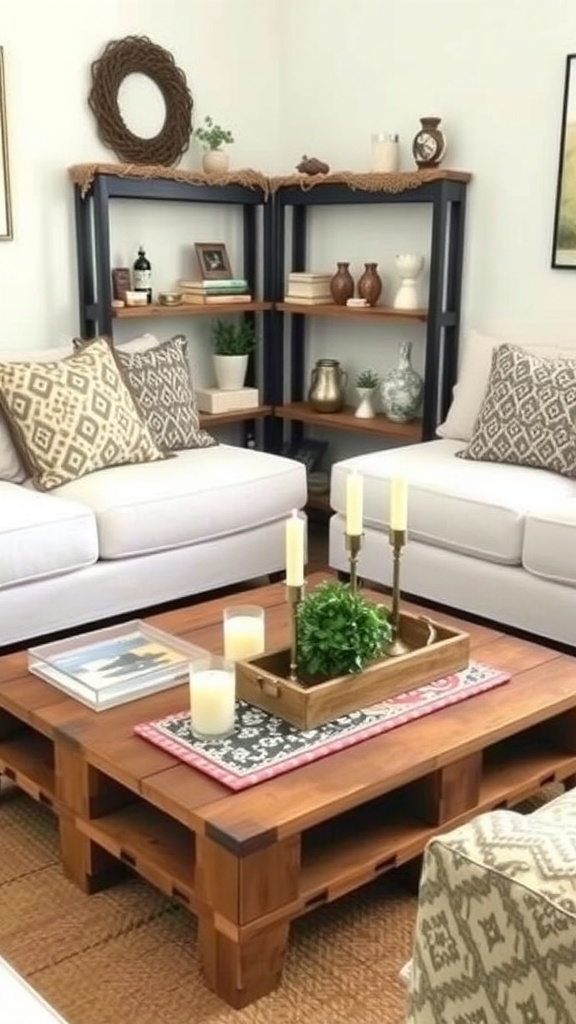 A cozy living room featuring an upcycled pallet coffee table with candles and decorative items.