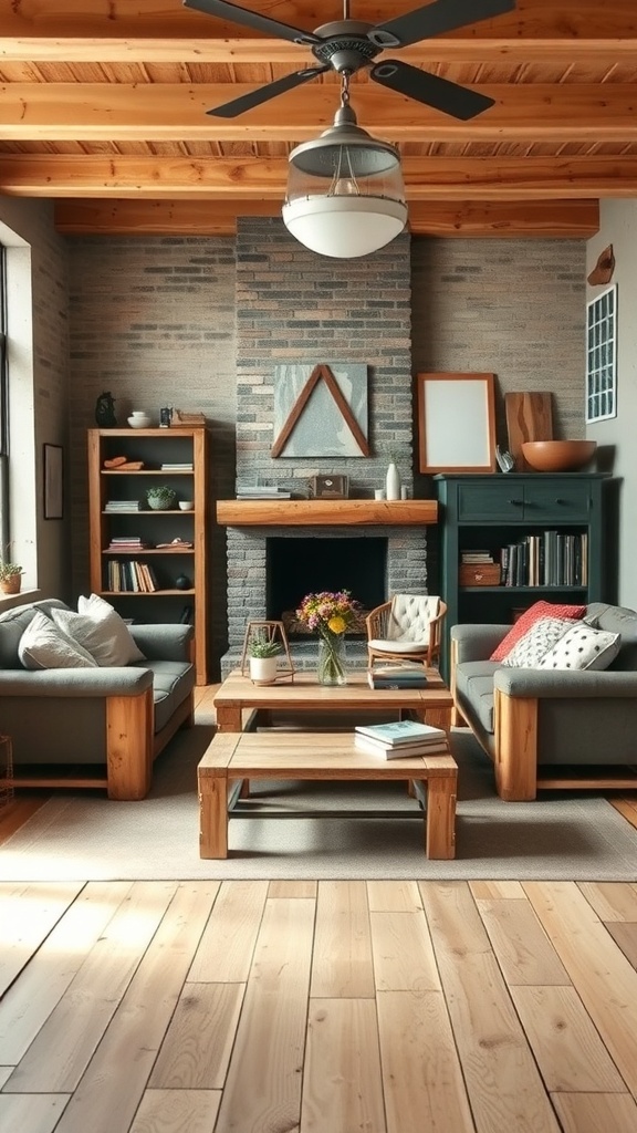 Cozy living room with upcycled pallet furniture, featuring a coffee table and couches made from wooden pallets.