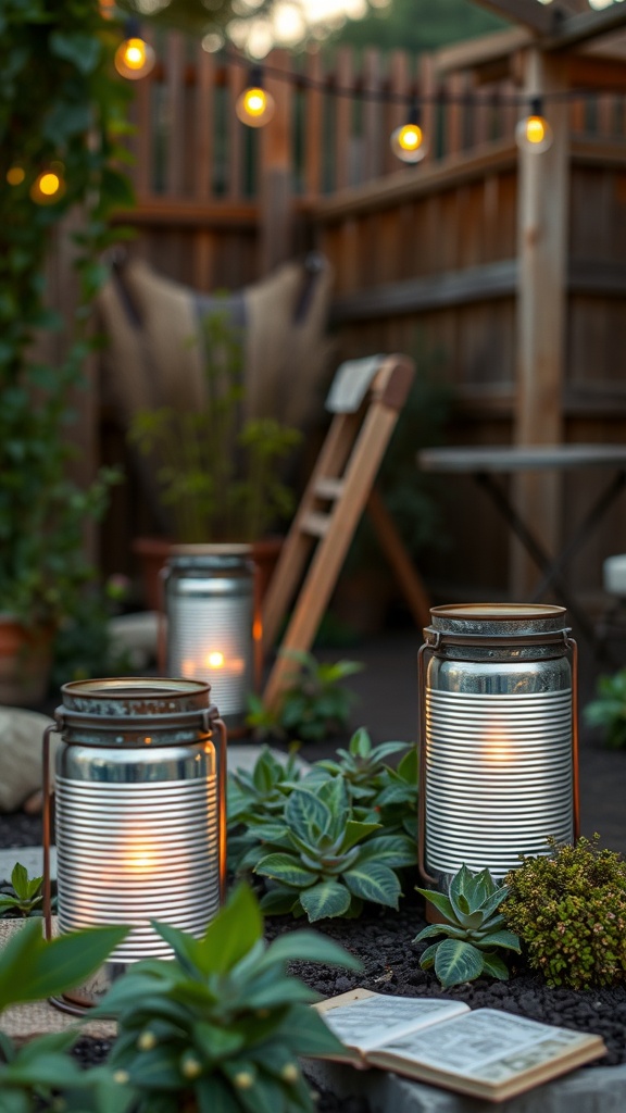 Upcycled tin can lanterns glowing in a garden setting