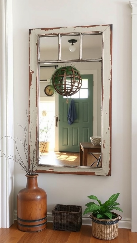 Upcycled window frame mirror with rustic decor elements