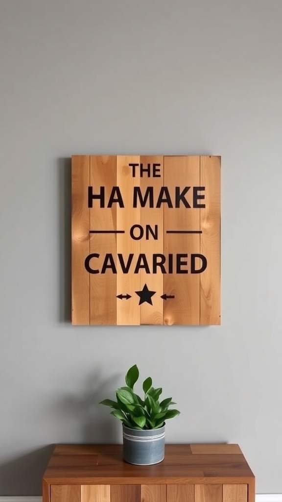 Upcycled wood art piece with text and a star design, displayed above a plant on a table.