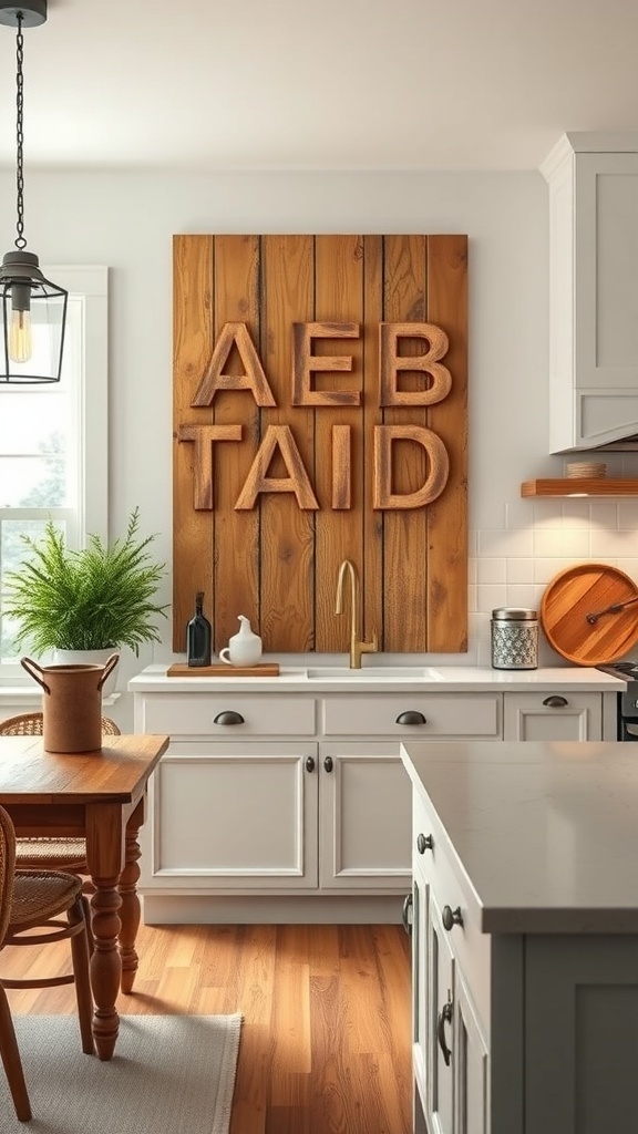 Upcycled wooden pallet art with letters AEB TAID in a kitchen setting