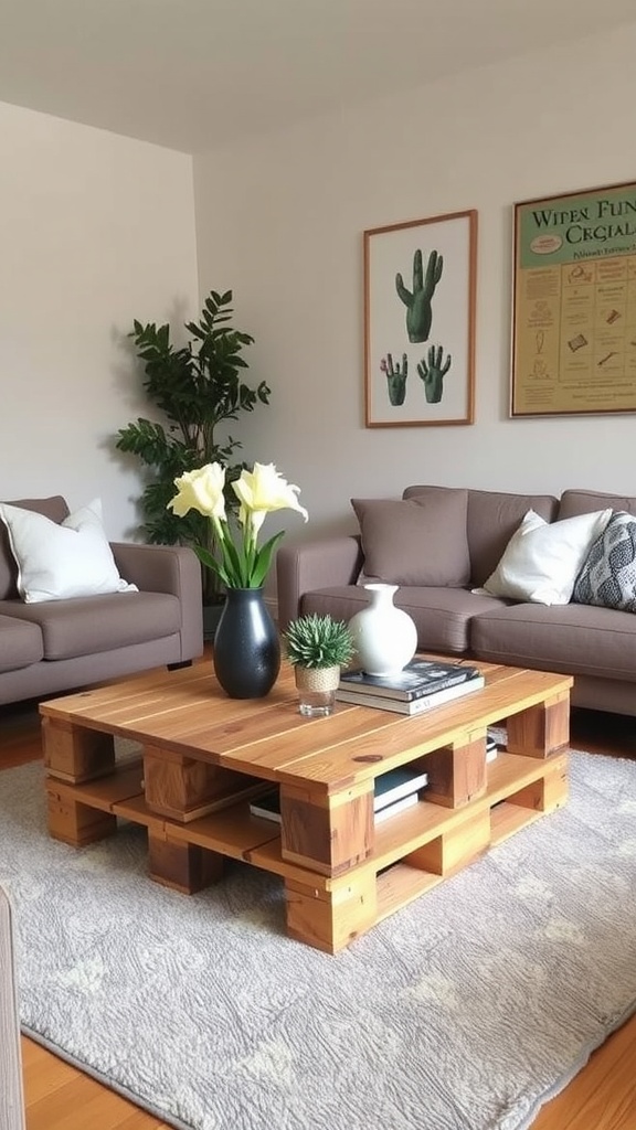 A cozy living room featuring an upcycled wooden pallet coffee table.