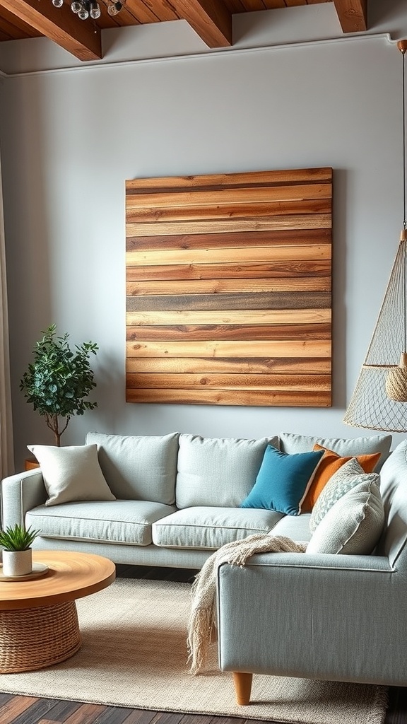 A cozy living room featuring upcycled wooden pallet wall art above a light blue sofa.