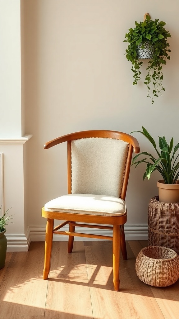 A cozy corner featuring a wooden chair with a light cushion, surrounded by plants and natural light.