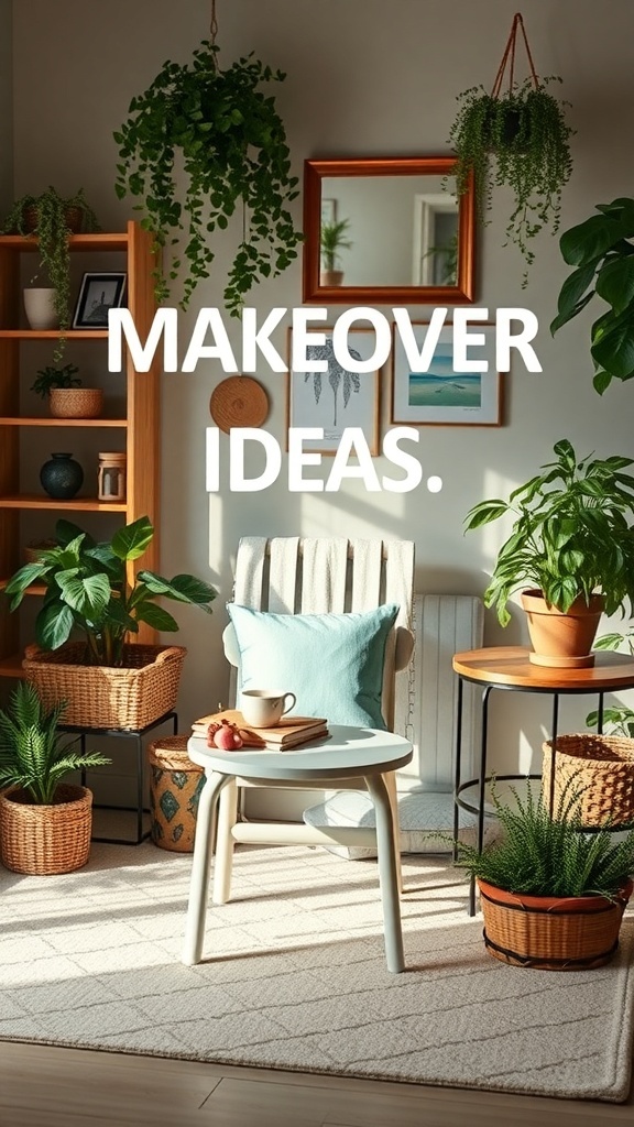 A cozy room with plants, a small table, and a chair, showcasing a stylish home makeover.