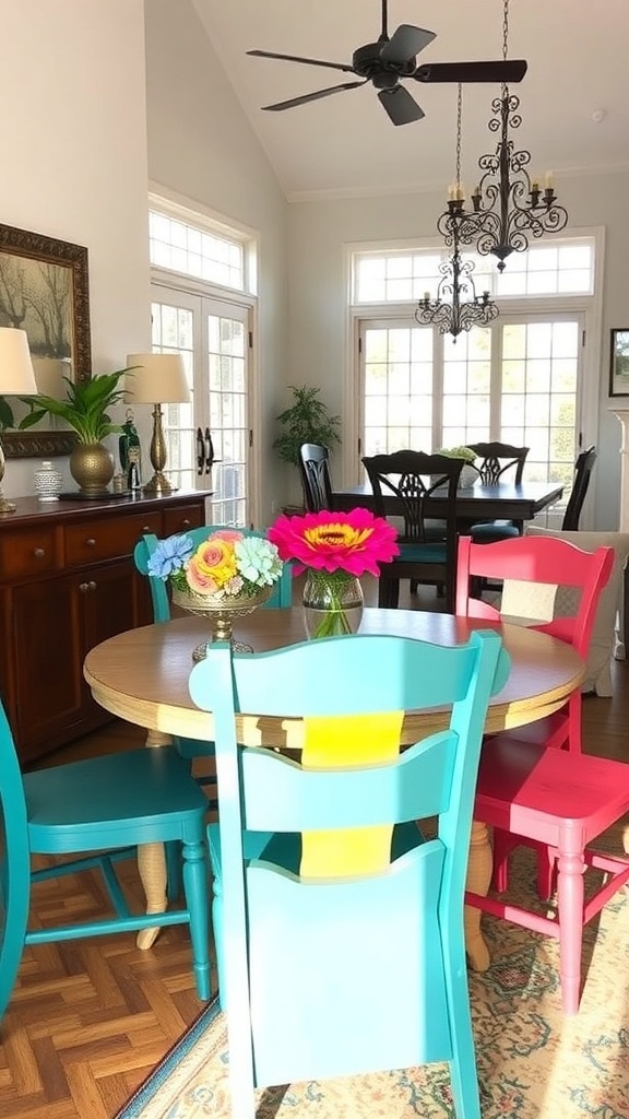 A colorful dining area with a round table and painted chairs in turquoise, pink, and yellow.