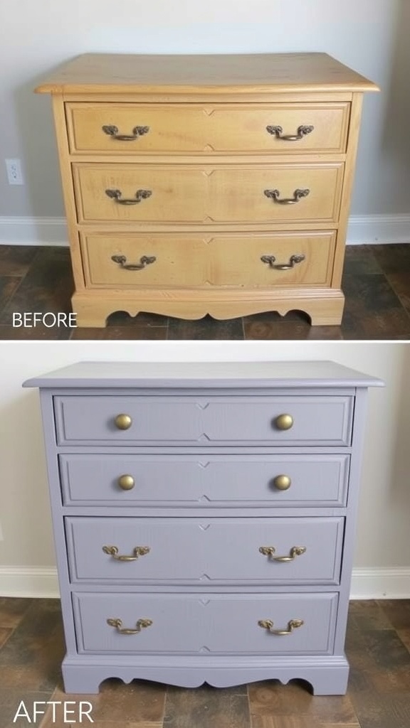 Before and after images of a dresser showing a transformation from a natural wood finish to a lavender painted finish.