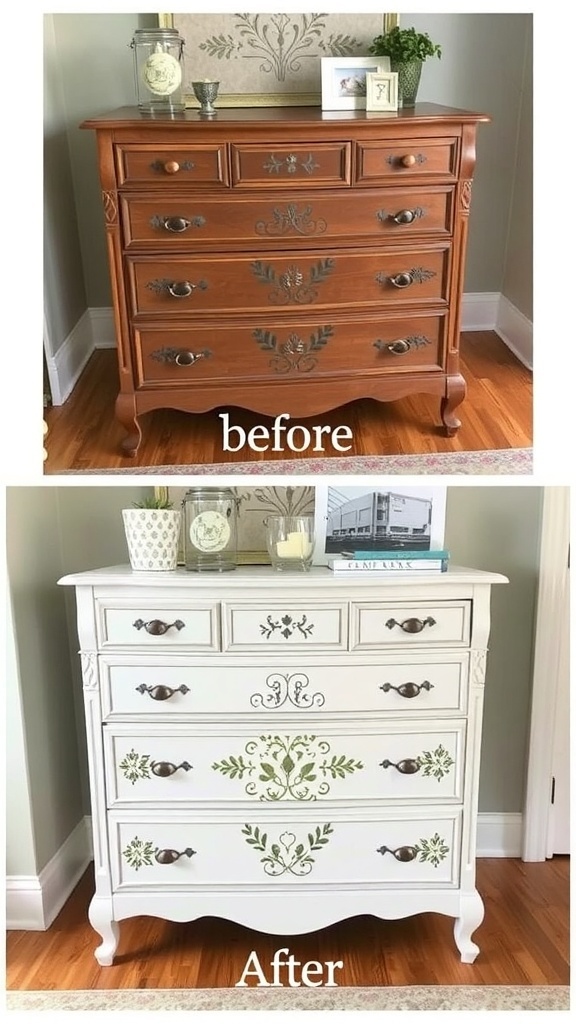 Before and after image of a dresser makeover, showing a transformation from brown to white with decorative items.