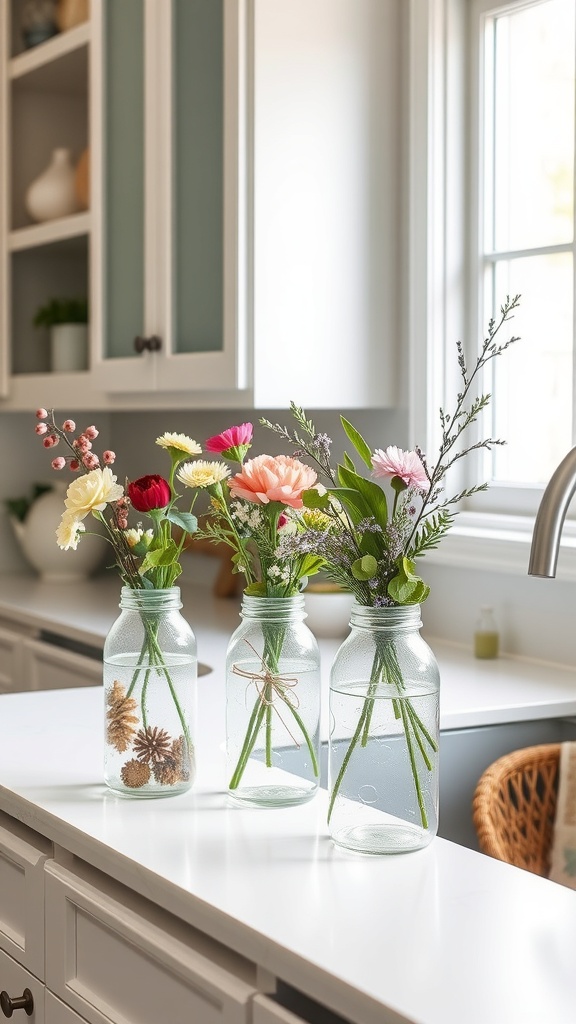 Three glass jars filled with flowers and pinecones on a kitchen countertop.