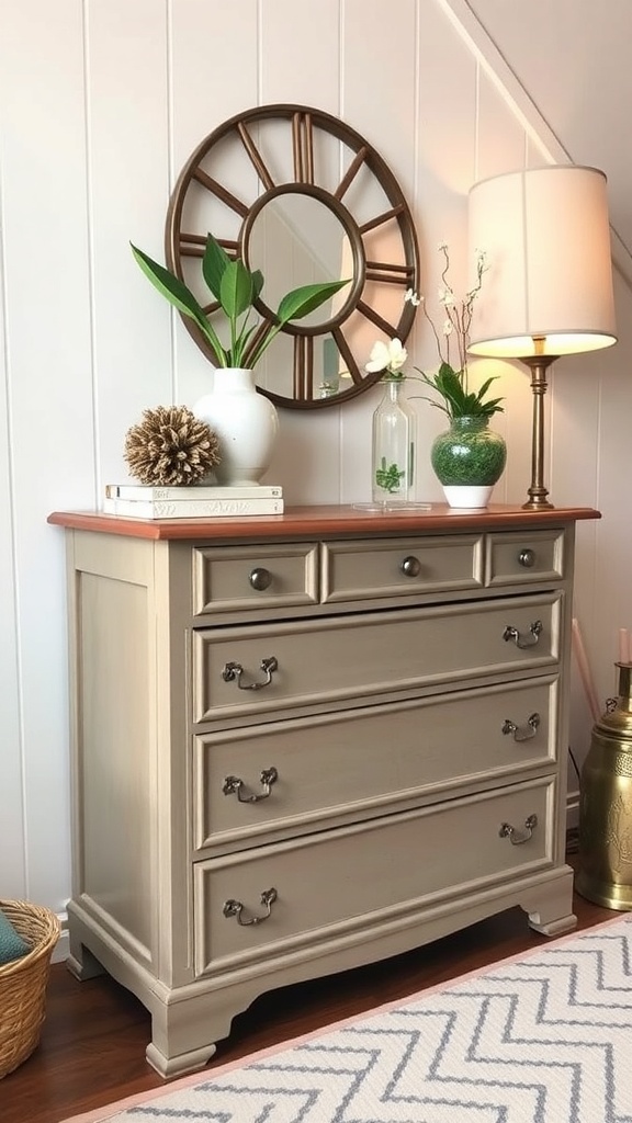 A cream-colored dresser with black hardware, a wooden sign, and decorative items, showcasing a cozy and rustic decor style.