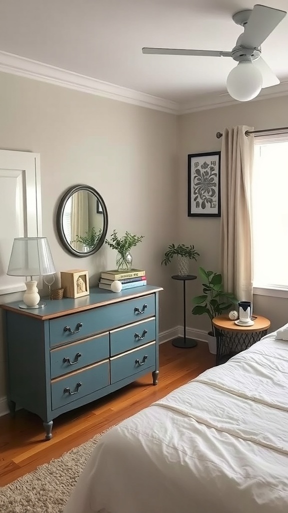 A cozy bedroom featuring a blue dresser, a mirror, and plants, showcasing upcycled furniture.