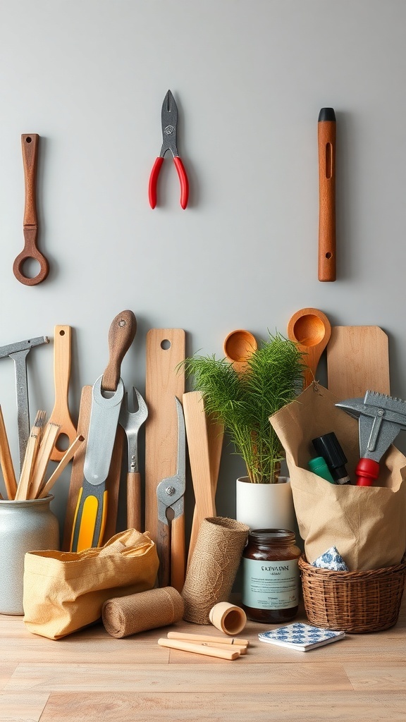 A collection of upcycling tools including pliers, wooden utensils, and various containers on a wall.