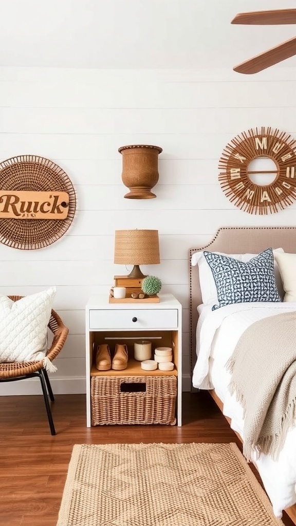 A cozy bedroom corner featuring wooden crates used for storage beside a bed.