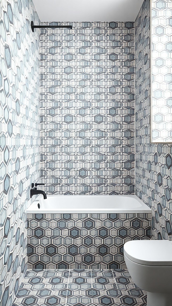 Bathroom with hexagonal tile patterns in blue and gray