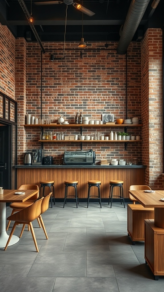 A stylish urban coffee loft with exposed brick walls, wooden shelves, and modern furniture.