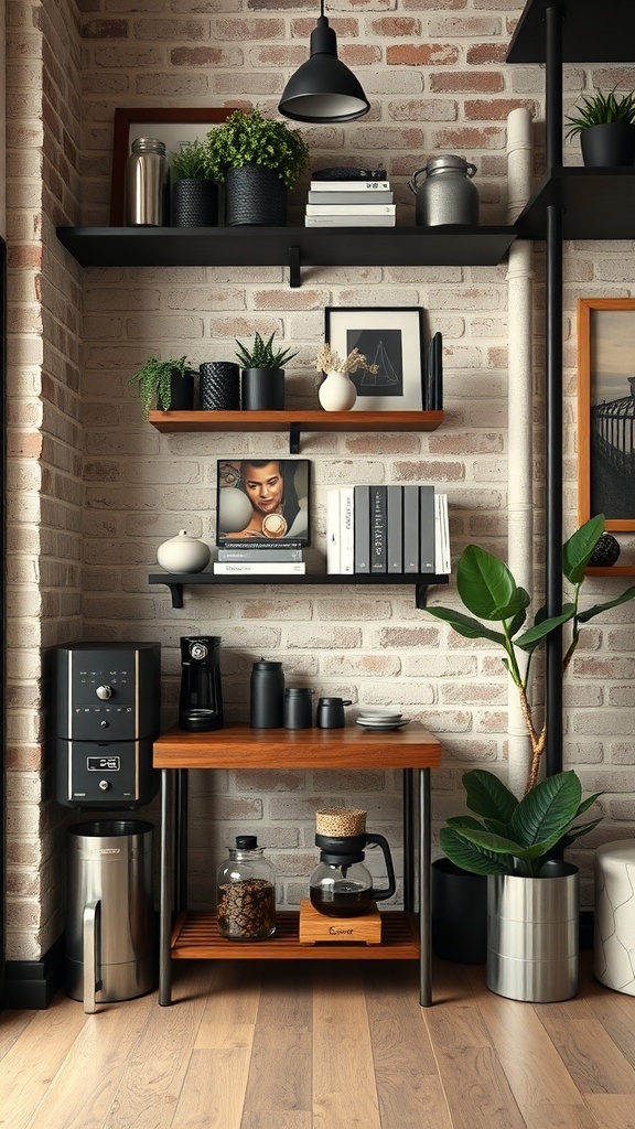 An urban industrial coffee nook featuring a brick wall, black shelving, wooden table, coffee maker, and plants.
