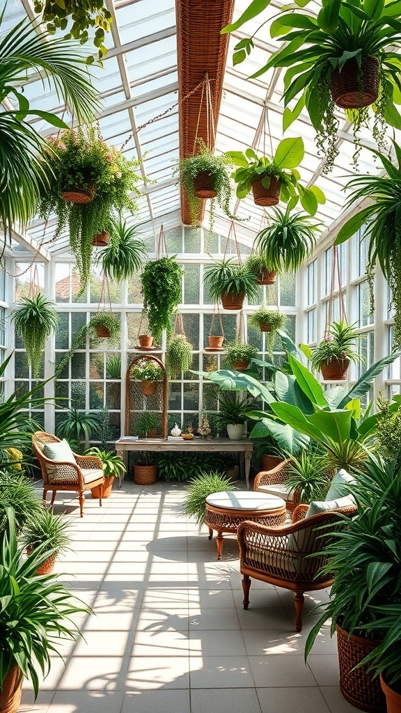 A bright conservatory filled with hanging plants and cozy seating, showcasing urban jungle vibes.