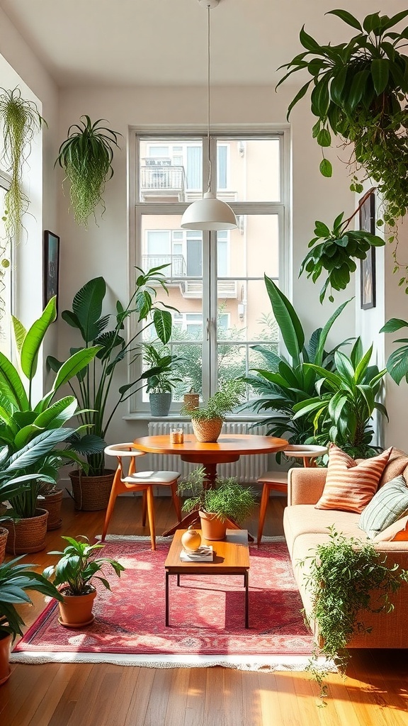 A cozy living room and dining area filled with various plants, featuring an orange sofa, a wooden table, and large windows.
