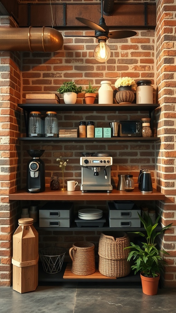 A stylish urban loft coffee station with brick walls and wooden shelves, featuring coffee equipment and plants.