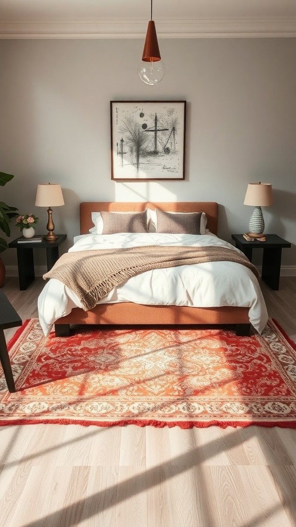 A cozy bedroom featuring a vibrant area rug under the bed, enhancing the decor.