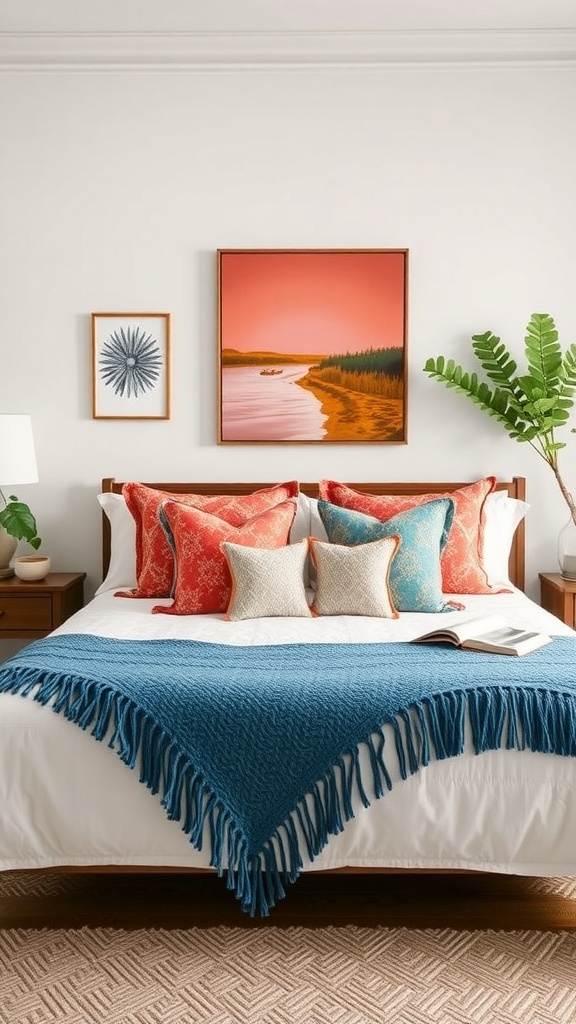A cozy bedroom featuring colorful pillows, a blue throw blanket, and wall art that enhances the decor.