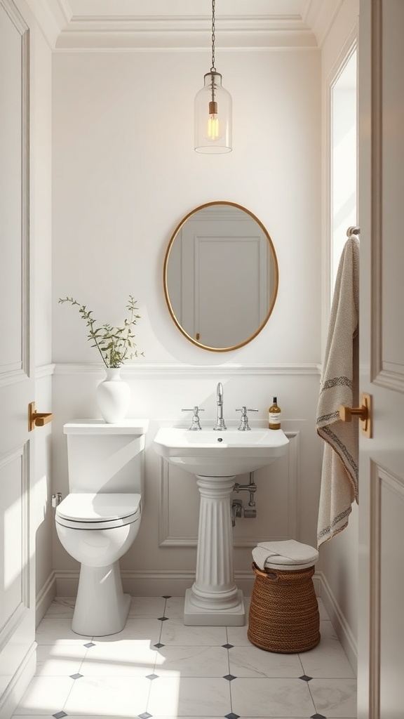 A small bathroom featuring light colors, a round mirror, and elegant fixtures.