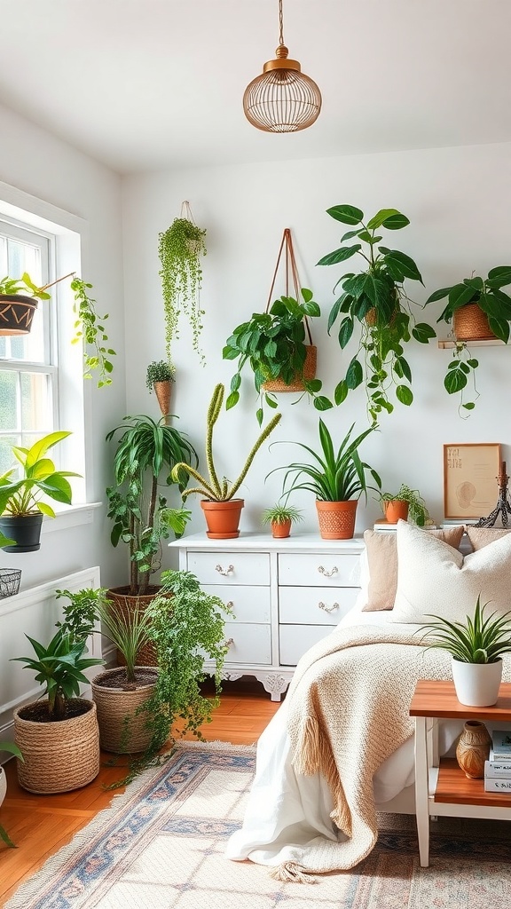 A cozy bedroom filled with various indoor plants, showcasing a mix of hanging and potted greenery.