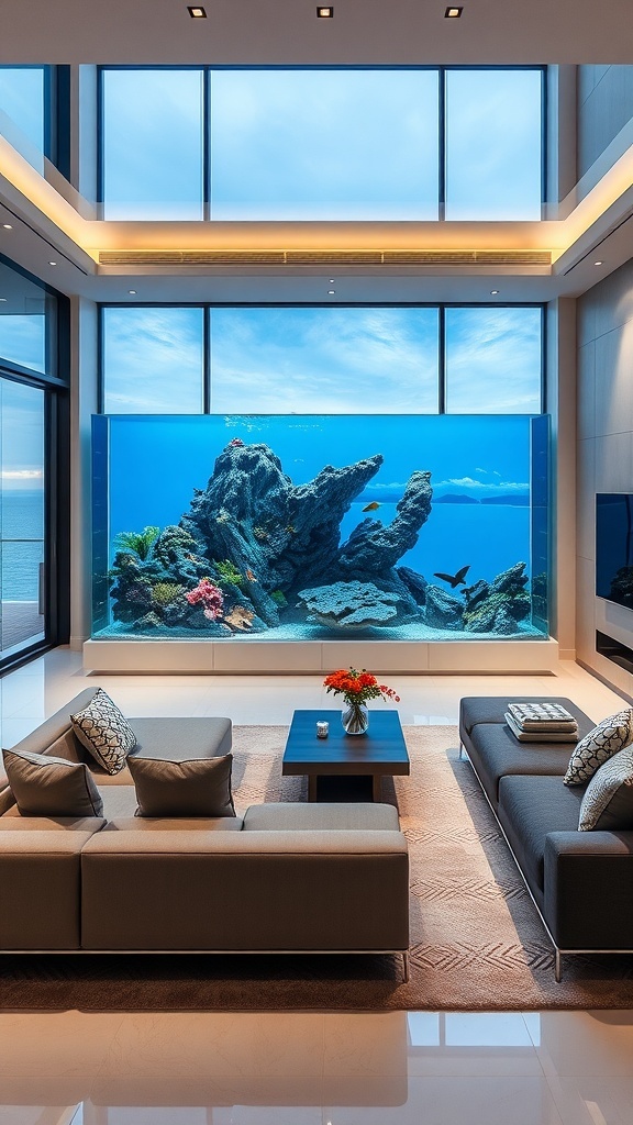 A stylish living room featuring a large aquarium as a room divider, showcasing colorful fish and coral.