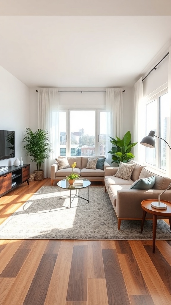 A cozy living room with a light-colored sofa, a glass coffee table, and a patterned area rug that defines the seating area.