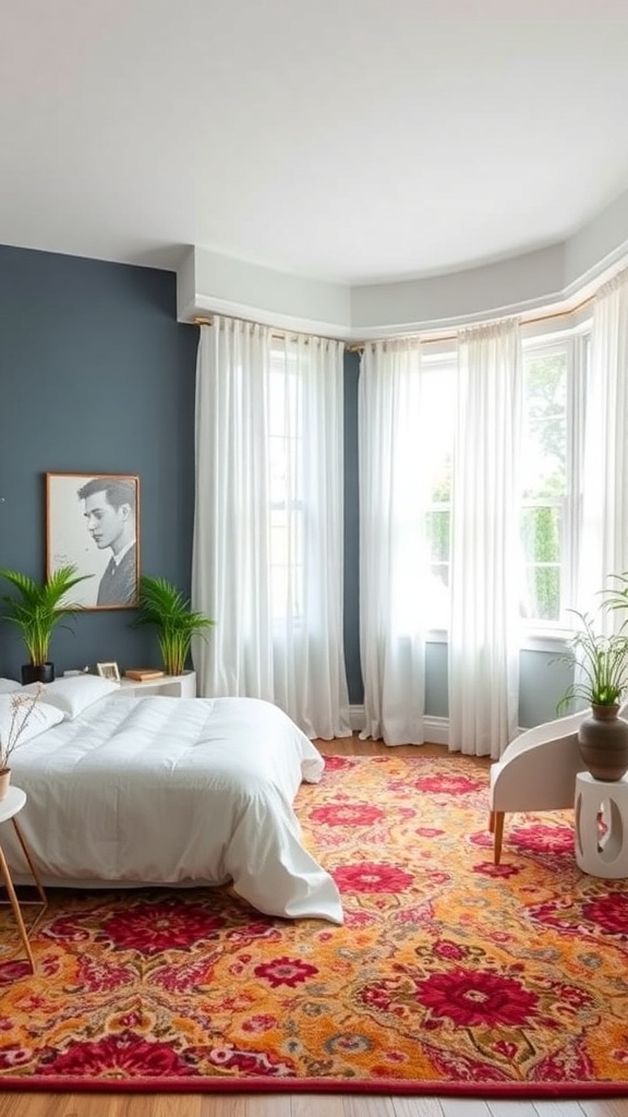 A cozy small bedroom featuring a vibrant area rug, a bed, and large windows with light curtains.
