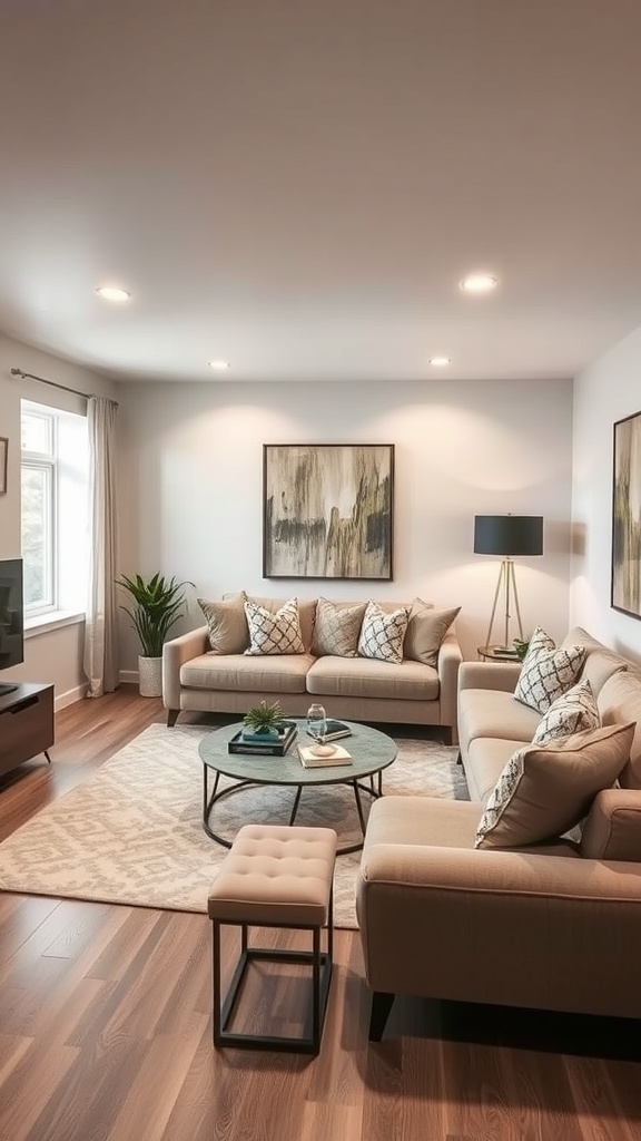 Cozy lounge area with a sunken couch, coffee table, and area rug