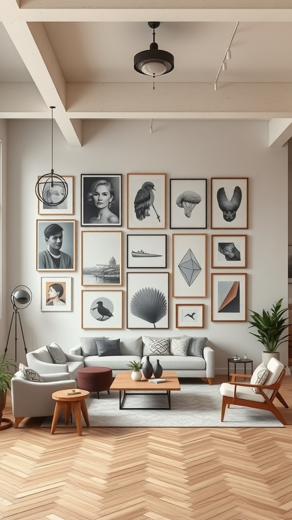 A stylish gallery wall featuring various framed artworks in a modern living room.