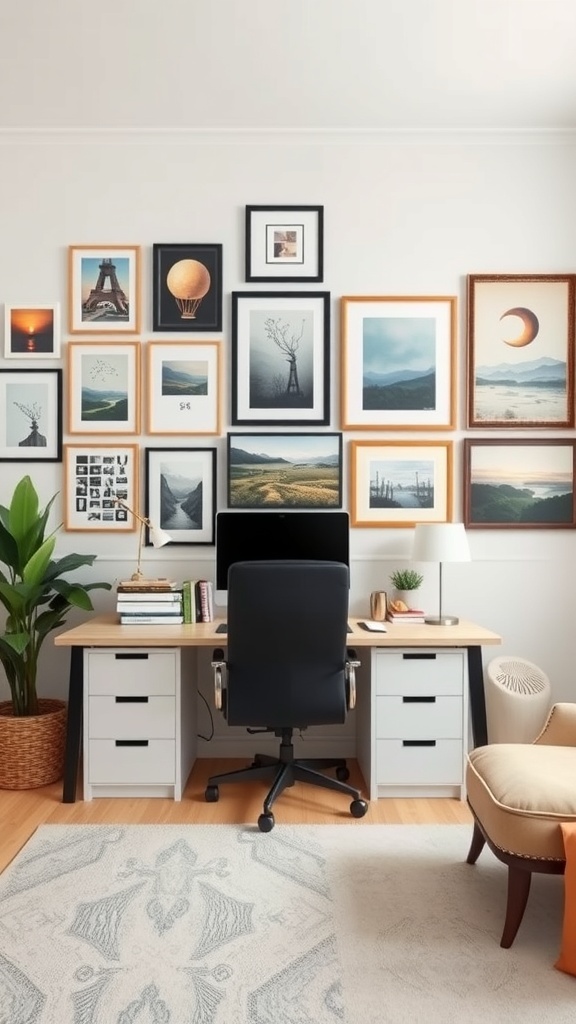 A stylish gallery wall featuring various framed artworks in a cozy office setting.