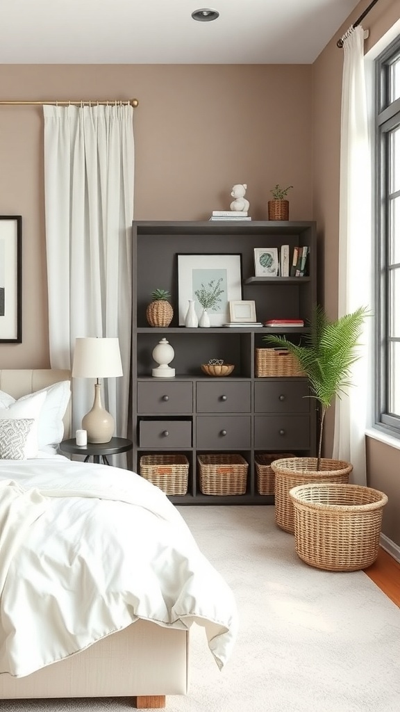 A cozy bedroom featuring a bookshelf with decorative items and several woven baskets for storage.