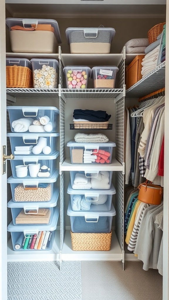 Organized closet with clear storage bins displaying various items.