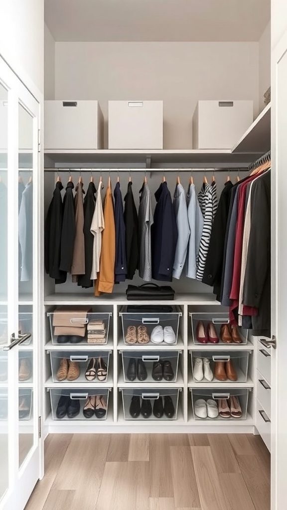 A well-organized walk-in closet featuring clear storage bins for shoes and accessories, with neatly hung clothes.