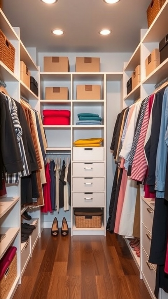 A well-organized walk-in closet with color-coded clothing and storage boxes.