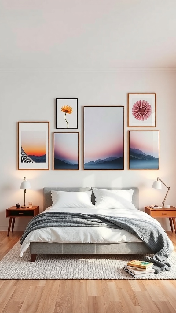 A stylish gallery wall featuring art with color gradients, including floral and landscape themes.