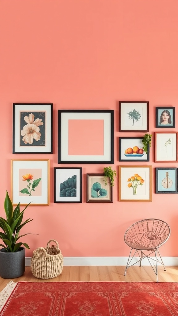 Gallery wall with various framed artworks on a coral wall, featuring plants and a chair.