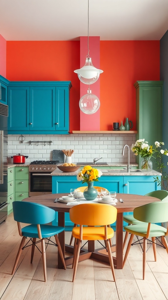 A colorful kitchen and dining area featuring teal cabinets, an orange wall, and a round table with vibrant chairs.