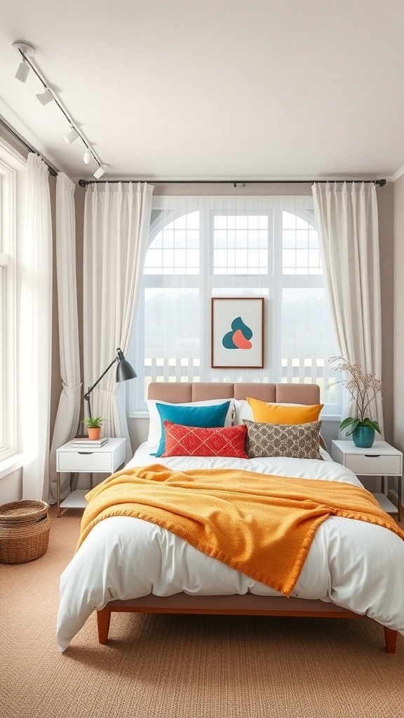 A cozy small bedroom featuring colorful accents with an orange throw blanket, vibrant pillows, and natural elements.