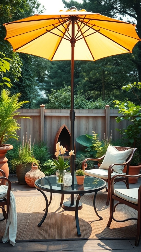 A cozy garden setting featuring a bright yellow umbrella over a glass coffee table surrounded by plants and comfortable chairs.