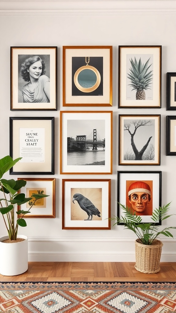 Gallery wall featuring various framed artworks with colorful mats
