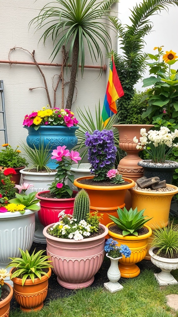 A collection of colorful planters filled with various flowers and plants, showcasing a vibrant garden display.