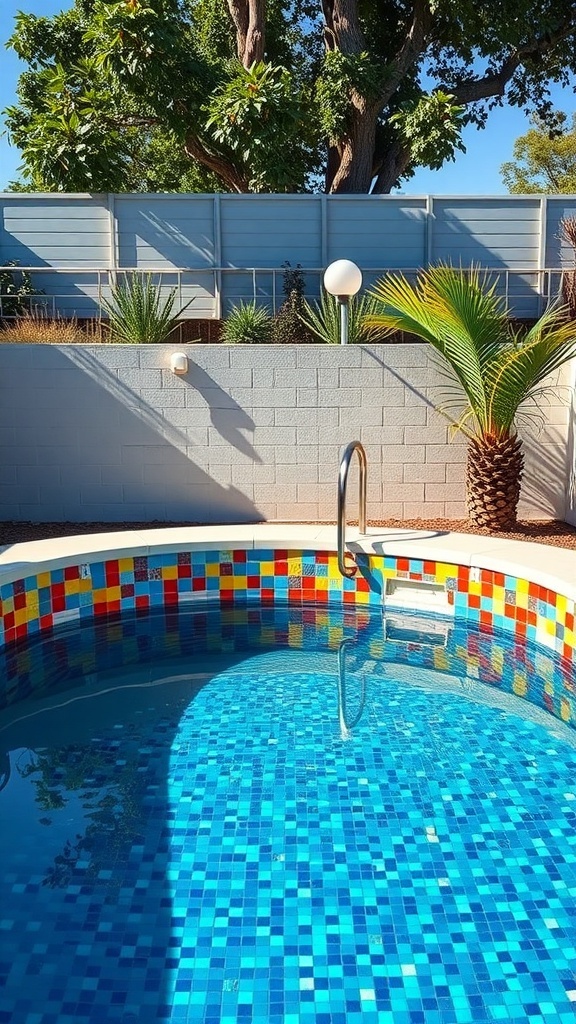 A sunken above ground pool with colorful tiles in blue, yellow, and red, surrounded by greenery.